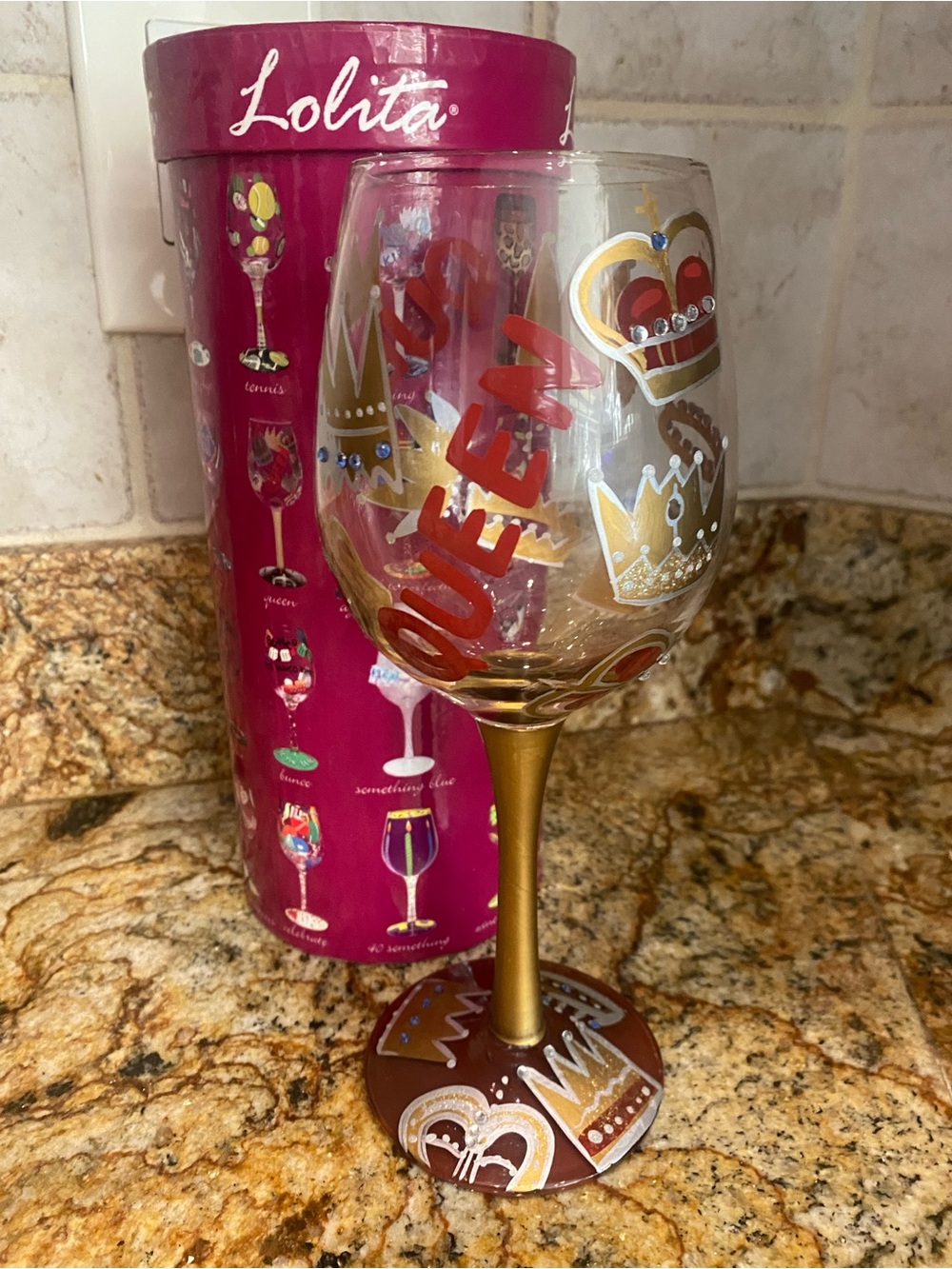 Lolita Gold Stem Wine Glass with Red "QUEEN" Lettering